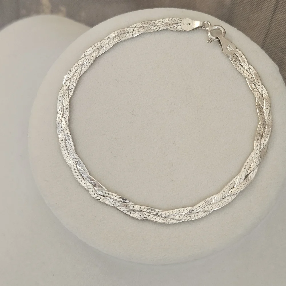 Sterling Silver Braided Herringbone 925 Italy Bracelet